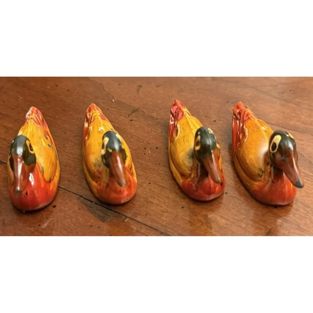Vintage Hand Carved Wooden Mandarin‎ Ducks Chopstick Rests Figurines Set of 4